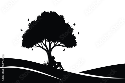 a solitary figure sits peacefully beneath the sprawling branches of a large tree on a rolling hill silhouetted in black and white