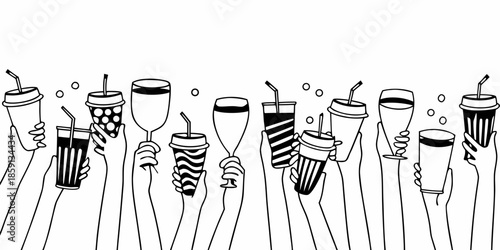 A collection of various drinks in disposable cups and a wine glass
