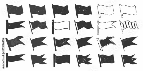 A collection of hand drawn black flags with varying designs and positions