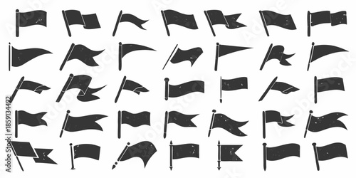 An assortment of black flags waving in different directions a graphic pattern