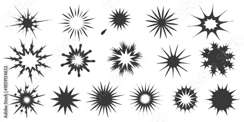 Collection of abstract starbursts and explosion effects in varying shapes and sizes
