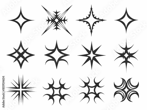 Collection of various black starburst and ornamental graphic elements