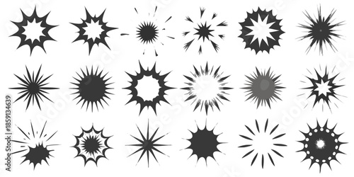 Collection of abstract explosion effects and starburst shapes on black background