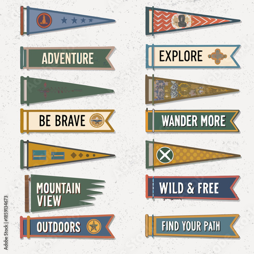 Collection of vintage style pennant banners with adventure and outdoor themes