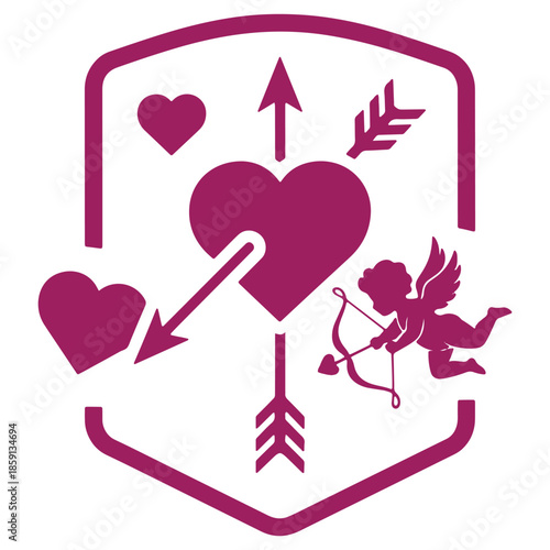 Romantic Valentines Day Shield with Cupid and Hearts Symbols Love Emblem Design
