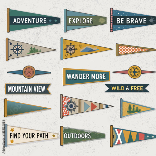 Collection of colorful vintage pennants with inspirational outdoor adventure themes