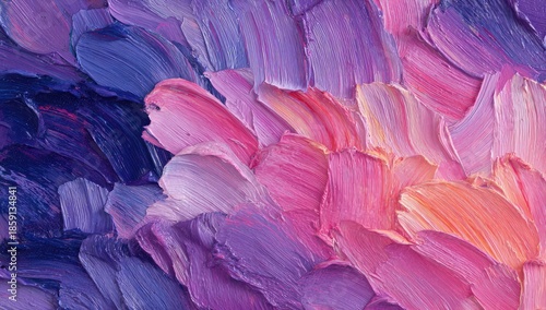 Close-up of layered paint strokes in shades of blue, purple, and pink creating a textured abstract