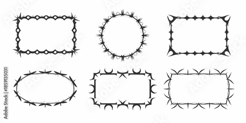 A collection of black and white thorny frames in various geometric shapes