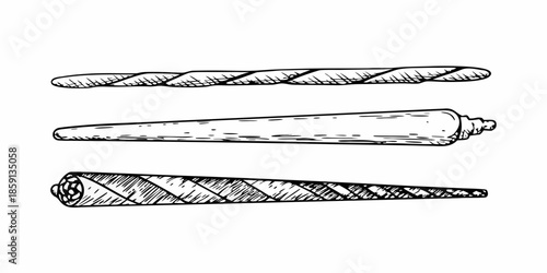 Detailed sketch illustration of three different drill bits in a row