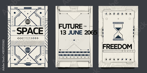 Three futuristic panels displaying space time and freedom concepts