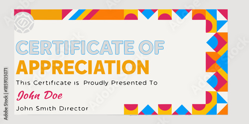 A colorful certificate of appreciation is presented to john doe by john smith
