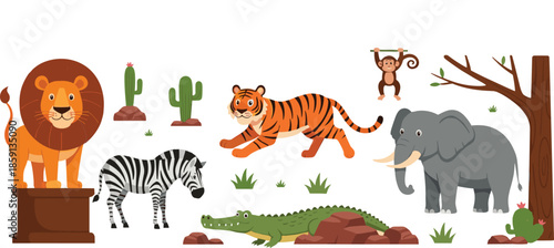 Cute cartoon jungle and safari animals set with lion tiger elephant zebra crocodile monkey cactus trees vector illustration isolated on white background