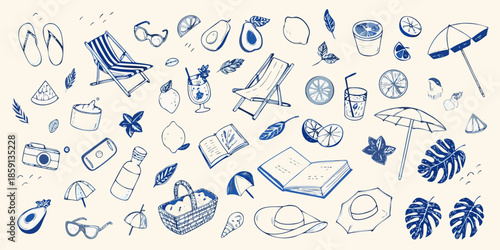 A collection of hand drawn summer elements beach reading and tropical fruits
