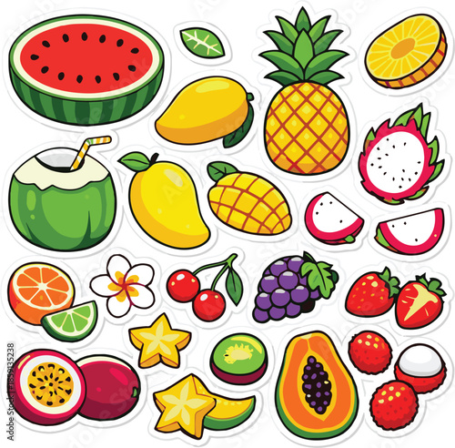 Tropical Summer Fruit Vector Set. Fresh watermelon, pineapple, and coconut isolated on white