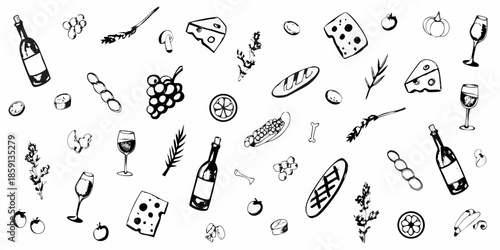 A charming black and white sketch of wine cheese and various food items