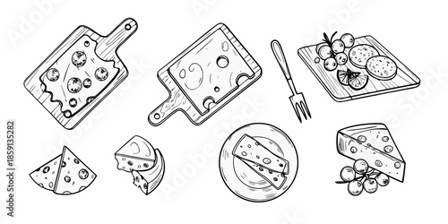 Sketch of assorted cheeses cutting boards and a fork presented in black and white