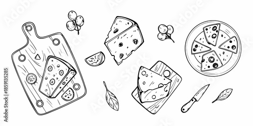Hand drawn cheese varieties with cutting board and decorative elements illustration