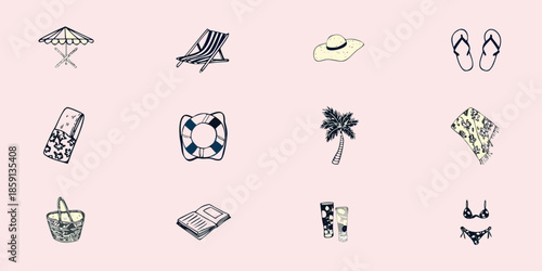 Summer vacation icons beach essentials like a hat book and flip flops