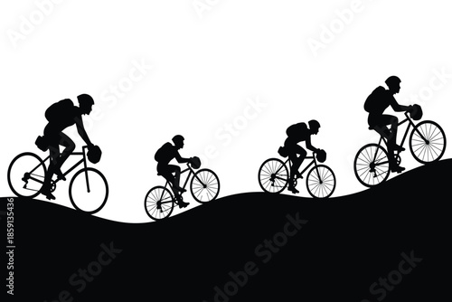A silhouette depiction shows four cyclists ascending a rolling hill suggesting endurance teamwork and the challenges of mountain biking