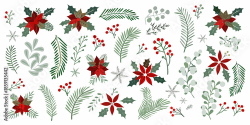 Festive holiday arrangement of poinsettias holly and various evergreen branches