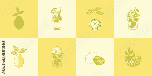 A vibrant collection of lemon lime and berry illustrations on a yellow background