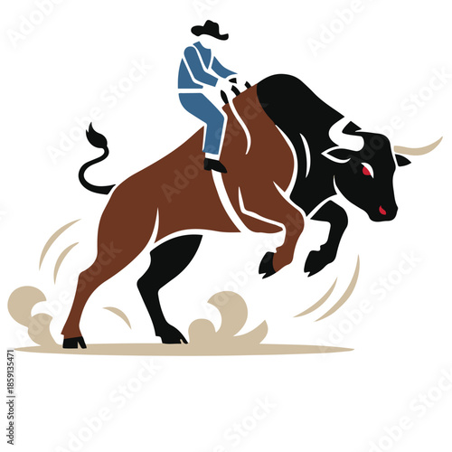 Vector illustration of a rodeo cowboy riding a powerful bucking bull. 