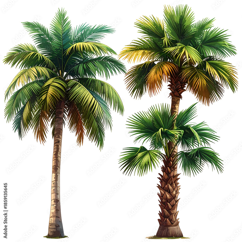 Fototapeta premium Two vibrant palm trees with varying shades of green leaves and brown trunks