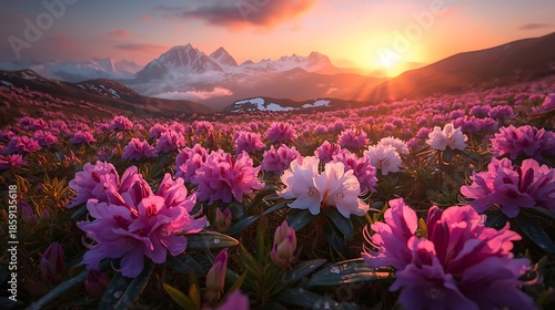 A stunning image of vibrant pink flowers in the foreground, set against a backdrop of rolling hills and a beautiful sunset. The flowers are in full bloom, adding a splash of color to the serene landsc