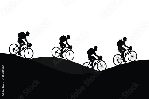 A simple black and white illustration depicts five silhouetted cyclists riding uphill showcasing a dynamic and minimalist sporting scene