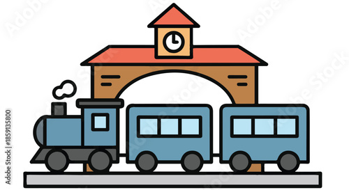 Vector illustration of a classic blue steam train with two carriages passing through a station building featuring an archway and a clock tower. 