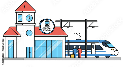 Vector illustration of a modern central railway station building featuring a high-speed electric train, passengers waiting on the platform with luggage, and overhead power lines in a flat line art sty