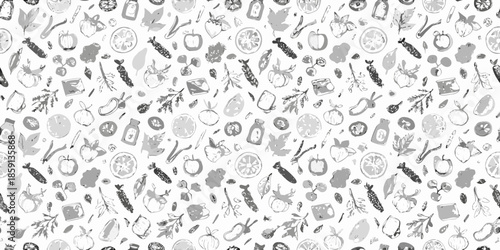 A delightful black and white pattern featuring various sketched food illustrations