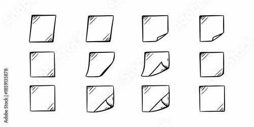 A collection of sketched rectangular paper sheets with slightly curled corners