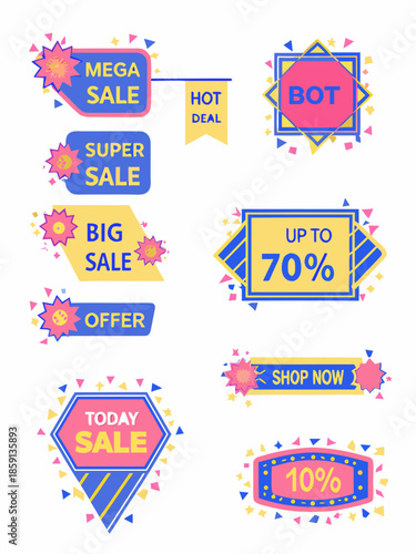 Colorful sale banners and promotional tags with discount offers and vibrant designs