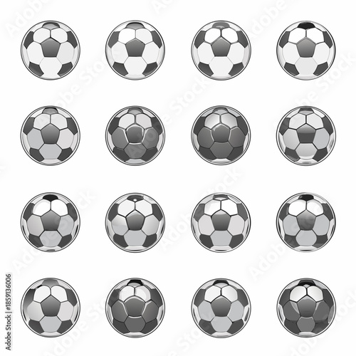 A grid of classic black and white soccer balls in varying shades
