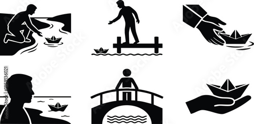 Figurative scenes of launching paper boats, symbolizing hope and new beginnings.