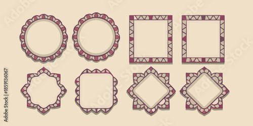 A collection of ornate reddish brown frames in various geometric shapes