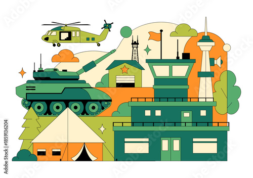 Military Army Forces Vector Illustration Featuring Soldiers, Weapons, Tanks, Heavy Protective Equipment In Flat Style Cartoon Background