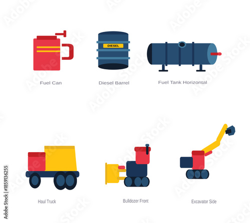Flat minimal industrial icons set of fuel containers and mining vehicles including fuel can, diesel barrel, fuel tank, haul truck, bulldozer front and excavator side
