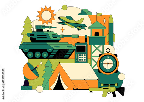 Military Army Forces Vector Illustration Featuring Soldiers, Weapons, Tanks, Heavy Protective Equipment In Flat Style Cartoon Background