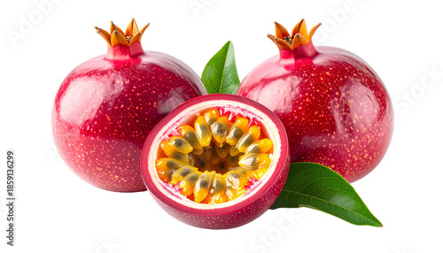 Three passion fruits two whole, one halved, revealing the pulp and seeds, with leaves