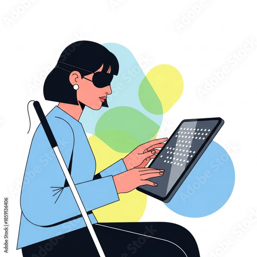 Blind woman using a tablet with braille display accessibility concept for visually impaired people vector illustration on white background
