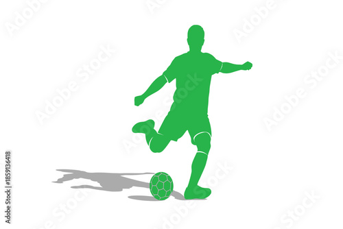 A vibrant green silhouette of an athlete dynamically kicking a soccer ball casting a subtle shadow below high quality