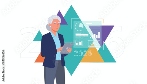 Senior businesswoman using tablet for 2026 financial planning strategy and data analysis illustration