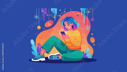 Stylish woman using smartphone near vibrant winter decorations Digital communication and holiday tech concept