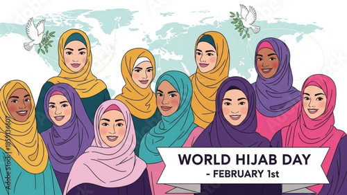 Diverse women wearing hijabs celebrating World Hijab Day on February 1st illustration for cultural awareness and unity