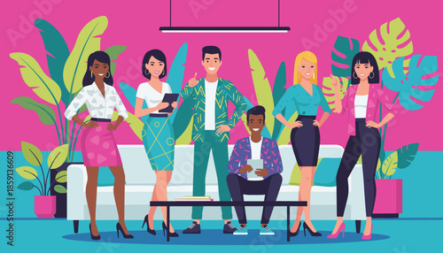 Diverse happy business team standing together in a colorful modern office Collaboration concept