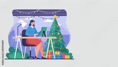Professional woman works at a desk next to a Christmas tree Holiday business concept