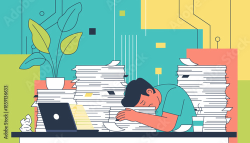 Overworked employee collapsed at a desk surrounded by massive paperwork piles Stress and burnout illustration