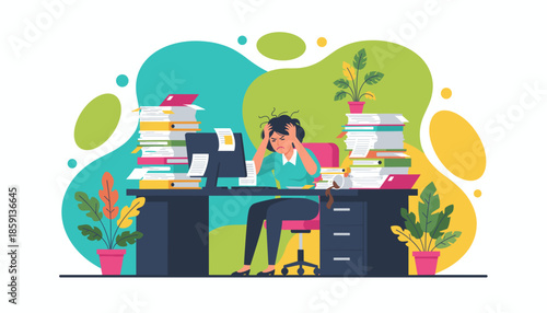 Overwhelmed office worker stressed by piles of paperwork and tight deadlines